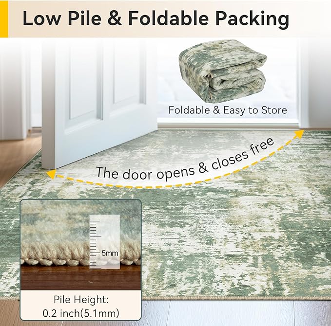 Washable Area Rugs 6'x9' Non-Slip Modern Abstract Soft for Living Room Entryway Bedroom Nursery, Print Pattern, Light Green/Yellow