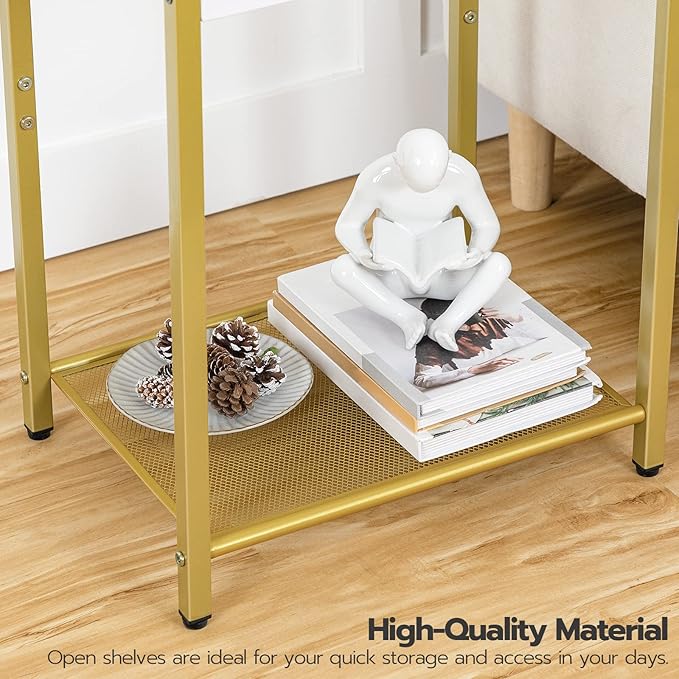 HOOBRO Side Table with Charging Station, Set of 2 End Tables with USB Port, Nightstand for Tight Spaces, Tempered Glass, Modern Metal Frame, for Office, Bedroom, Living Room, Gold GD76UBZP201