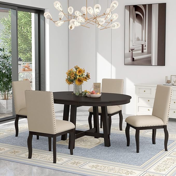 Ball & Cast 5 Piece Dining Table Set with 4 Upholstered Curved Legs Chairs,Living Room Furniture W/ 43" Round Extendable Desk,for Restaurant,Home Bistro,Espresso