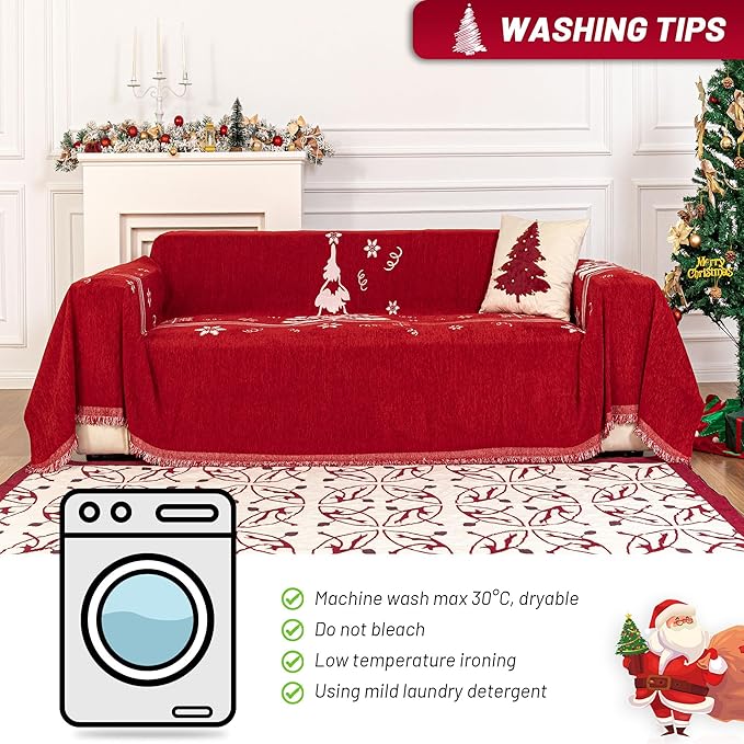 MYSKY HOME Couch Covers for Pets Thick Chenille Christmas Red Sofa Slipcover Non Slip Soft Couch Sofa Cover, Washable Furniture Protector Sofa Slipcover with Tassel for Kids, Dogs, 71"x118"
