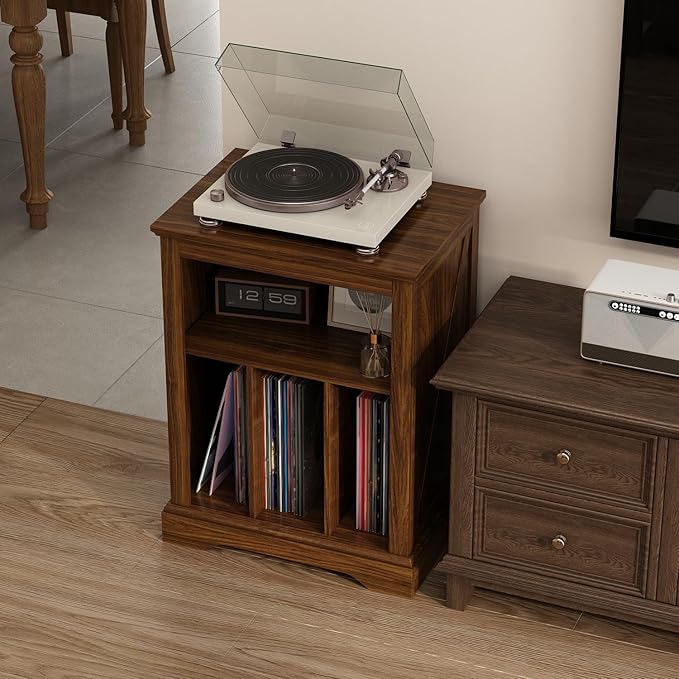 Farmhouse Record Player Stand, 3 Tier End Table, Turntable Stand with Vinyl Record Storage ,Wood Record Holder Cabinet Dispaly Shelf for Living Room,Bedroom,Rustic Brown