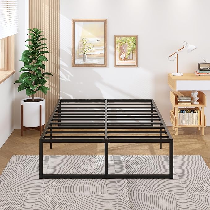 18 Inch King Bed Frame Sturdy Mattress Foundation, Heavy Duty Metal Platform with Steel Slats Support No Box Spring Needed, Noise Free, Easy Assembly, Black