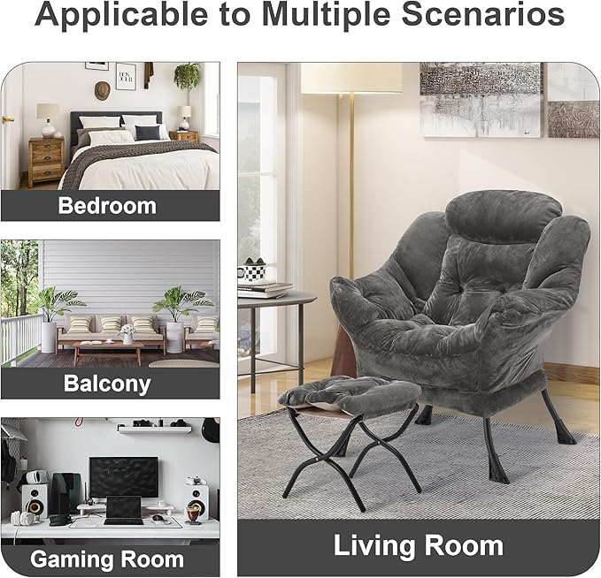 Fabric Lazy Chair with Ottoman, Oversized Upholstered Sofa Chair for Adults, Plush Comfy Lounge Chair with Large Side Storage Pocket, Reading Chair for Living Room, Bedroom, Office, Dark Gray