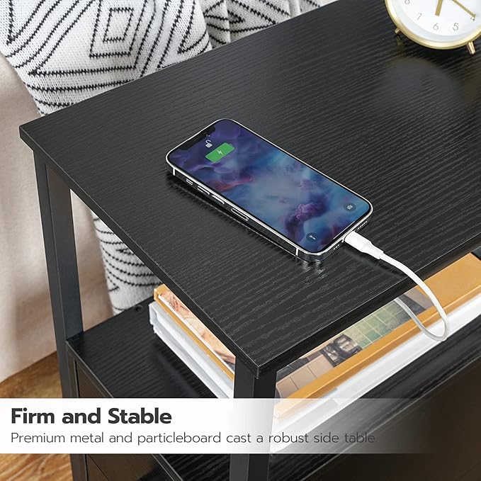 HOOBRO Set of 2 End Tables with Charging Station, Narrow Side Table with Drawers & USB Ports & Power Outlets, Nightstand for Small Spaces, Living Room, Stable and Sturdy, Black BK541BZP201