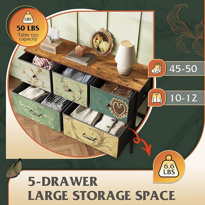 WLIVE Dresser for Bedroom with 5 Drawers, Wide Chest of Drawers, Fabric Dresser, Storage Organizer Unit with Fabric Bins for Closet, Living Room, Hallway, Floral Painted
