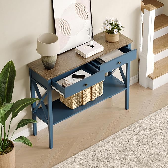 ChooChoo Console Table with Drawers, Narrow Wood Accent Sofa Table Entryway Table with Storage Shelf for Entryway, Front Hall, Hallway, Living Room, Blue