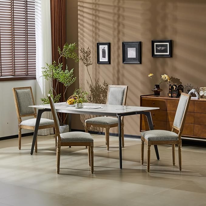 Merax Upholstered Solid Wood Dining Chairs Set of 4, French Country Style Accent Side Seating Furniture for Kitchen, Living Room, Cushioned Back, Grayish Green