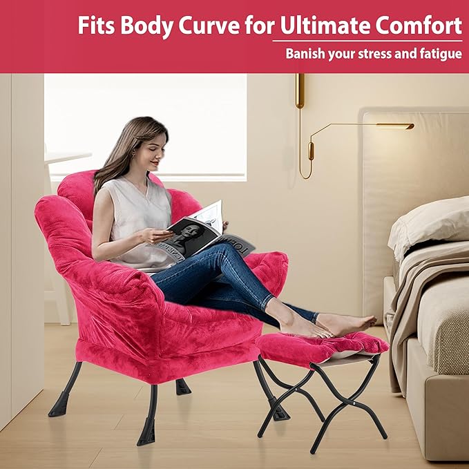 Lazy Chair with Folding Ottoman, Accent Chair Plush Upholstered with Metal Structure and Non-Slip Pads, Sofa Armchair with Footrest and Side Storage Bag for Dorm, Room, Office, Rose Red