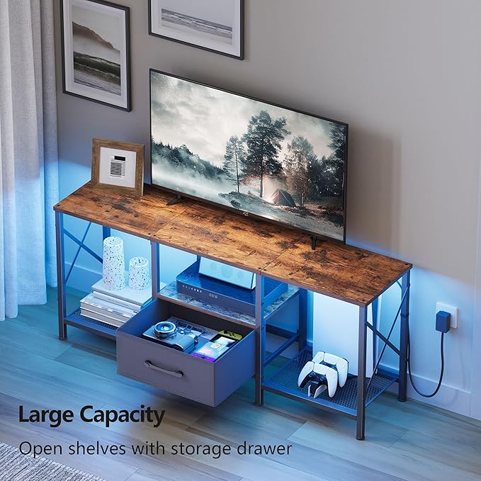 LED TV Stand with Fabric Drawer, Entertainment Center for 50 55 Inch TV, Industrial TV Console Table with Open Storage Shelves for Living Room, Bedroom, Rustic Brown
