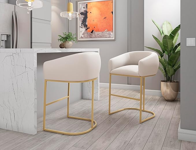 Manhattan Comfort Louvre 30 Inch Mid Century Modern Counter Height Bar Stools - Elegant Faux Leather Padded Seat, Stainless Steel Base with Footrest, Fully Assembled Barstools, Set of 2, Cream
