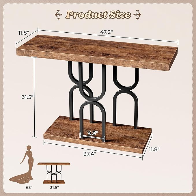 Huuger 47.2 Inch Entryway Table, Industrial Console Sofa Table, Narrow Accent Table, for Entry, Hallway, Entrance, Foyer, U-Shaped Metal Base, Rusitc Brown