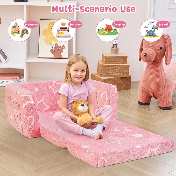 Toddler Chair Comfy,2-in-1 Soft Toddler Couch Fold Out for Kids,Convertible Sofa to Lounger,Gift for Girls and Boys Birthday,Heart,Large