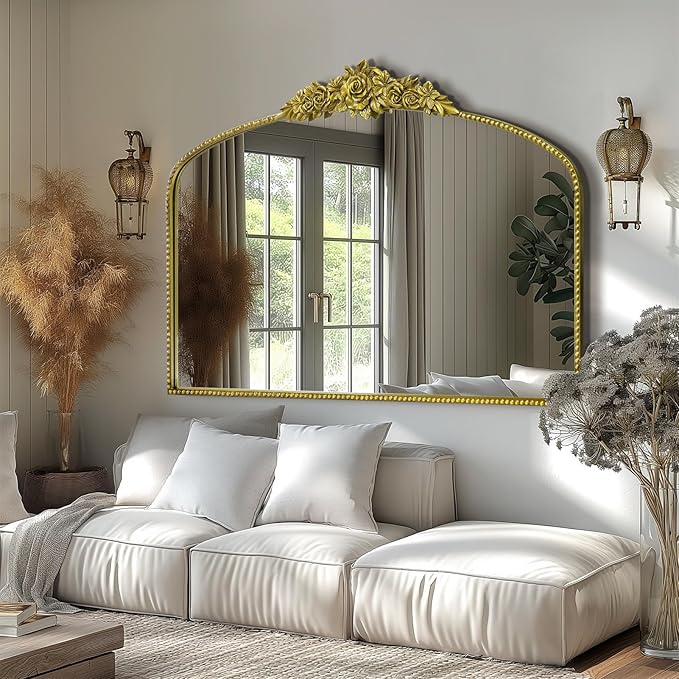 Antique Gold Arch Wall Mirror, 48"x30" Traditional Vintage Mantel Mirror with Ornate Metal Frame, Baroque Victorian Mirror for Fireplace/Entryway/Bathroom/Living Room/Dining Room