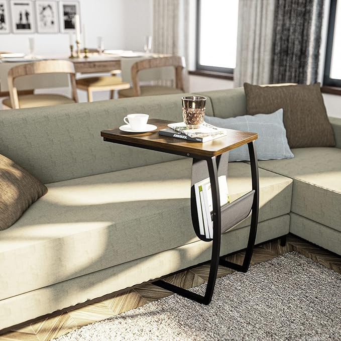 SRIWATANA Side Table End Table, Vintage C Shaped Couch Table with Side Pocket for Sofa Laptop Coffee Snack, Walnut