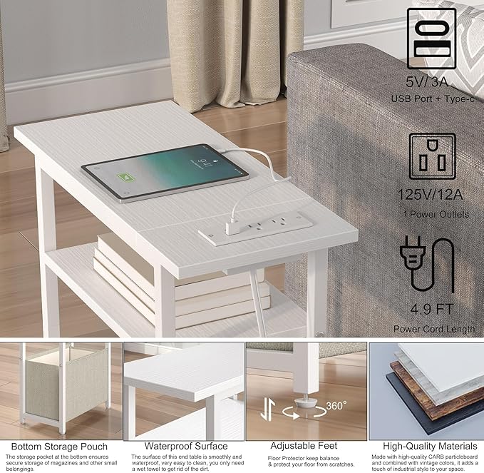 Narrow Side Table with Charging Station, LED End Table for Small Spaces, Skinny White Nightstands with Storage Basket, 3 Tier Sofa Bedside Tables for Living Room,Bedroom, White
