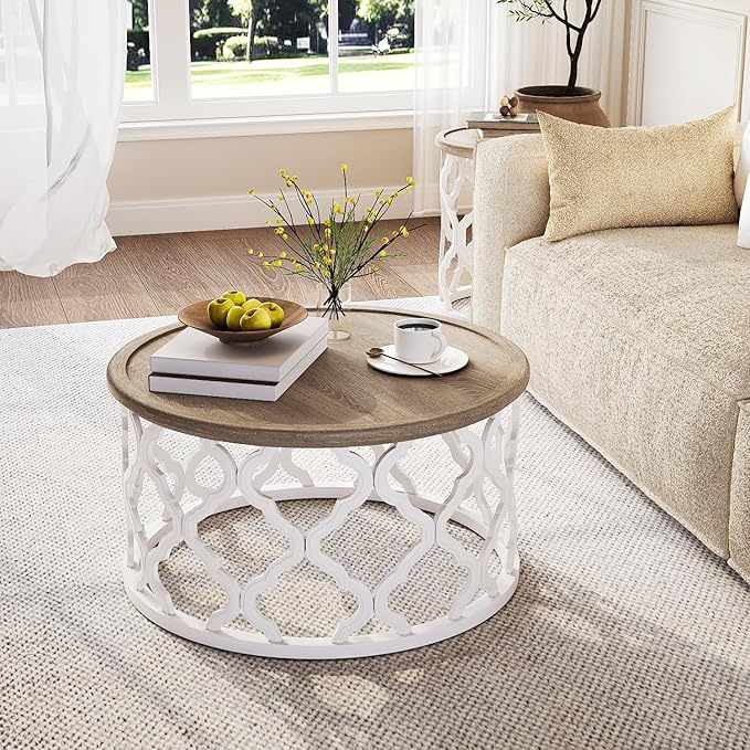 karlott Farmhouse Coffee Table, French Country Round Coffee Table with Distressed Tray Top, Coastal Coffee Table with Curved Motif Frame Base, Boho Coffee Table for Living Room, Dining Room, Bedroom