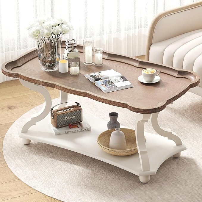 Function Home Farmhouse Coffee Table, Rustic White Cocktail Table with Storage Shelf, Sofa Table with Natural Tray Top and Carved Legs for Living Room Furniture Dining Room, Vintage White