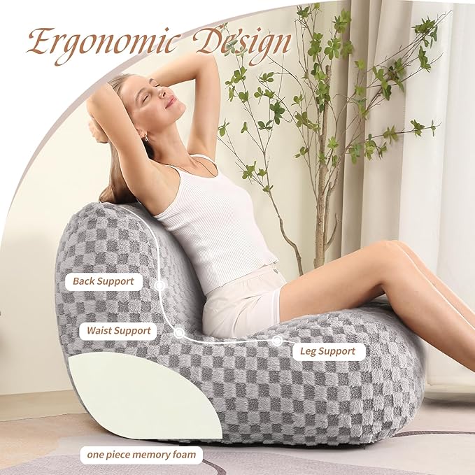 Bean Bag Chairs for Adults, Comfy Floor Sofa with Memory Foam, Giant Bean Bag Couch for Living Room Bedroom Dorm Office, Smoke Grey