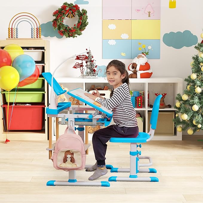Real Relax Kids Desk and Chair Set, Children's Multifunctional School Tables with Tilt Desktop, LED Light, Metal Hook Blue