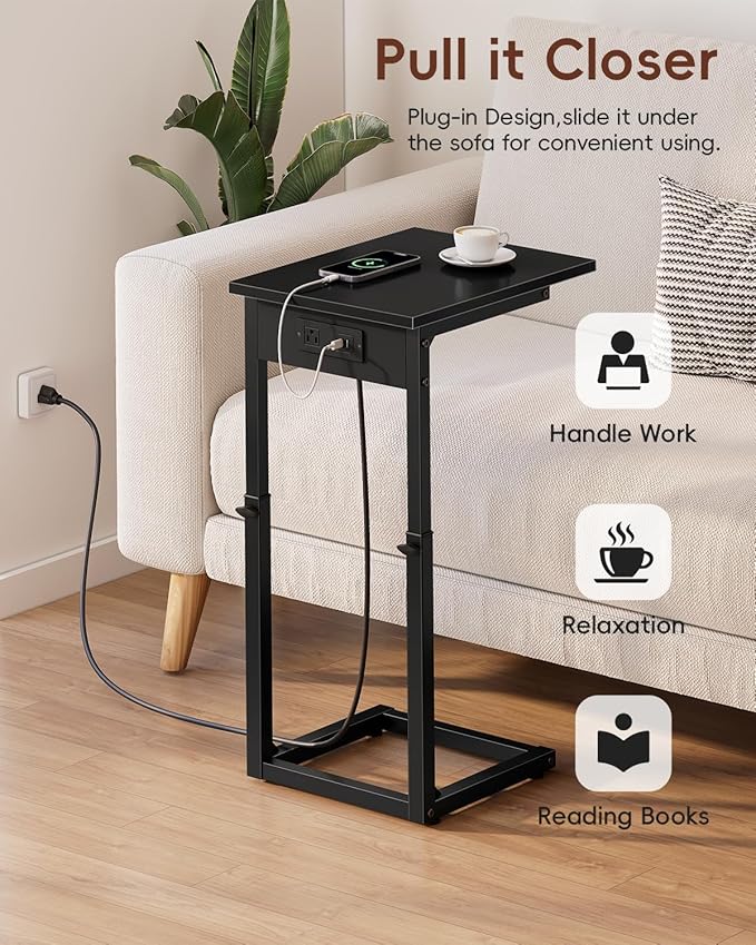 Vagusicc C Shaped End Table with Charging Station, 33" Tall Side Table for Couch, C Table Adjustable Height Small Couch Side Tables, Slide Under Sofa Table TV Tray Tables for Living Room,Bedroom,Black