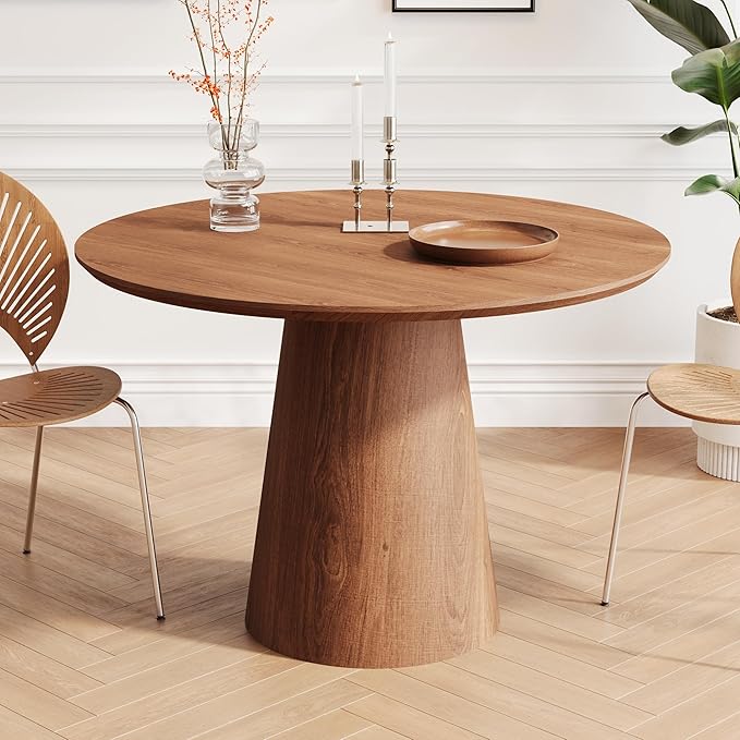 Round Dining Room Table for 4, 43'' Modern Farmhouse Kitchen Table with Round Pedestal, for Kitchen, Living Room, Cafe,Small Spaces, Apartment Walnut