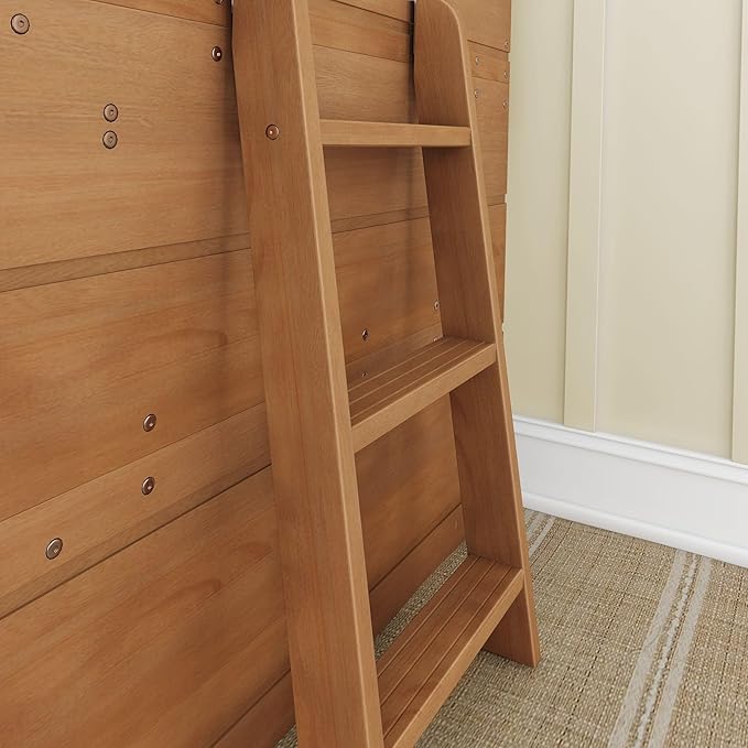 Max & Lily Modern Farmhouse Twin Low Loft Bed with Bookcase - Solid Wood, 15” Guardrails, 400-lb Capacity, Low-VOC Finish, Farmhouse Pecan