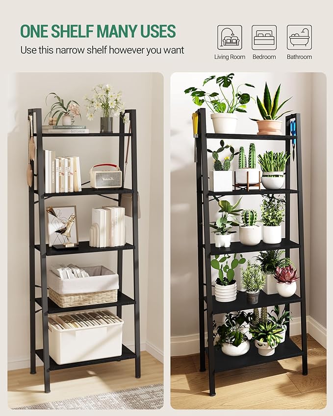 Ladder Shelf, Bookshelf Bookcase, Freestanding Corner Storage Shelve with 2 Hooks for Home Office, Living Room, Kitchen, Bedroom, Industrial, 5-Tier Black BC19304B