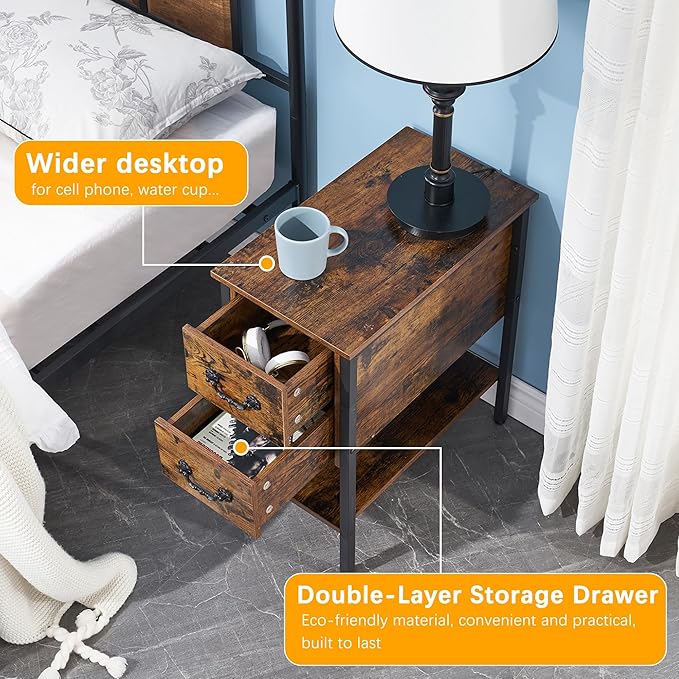VECELO End Tables,Narrow Nightstand with Drawers and Storage Shelf,Modern Night Stand for Small Spaces, Living Room,Bedroom