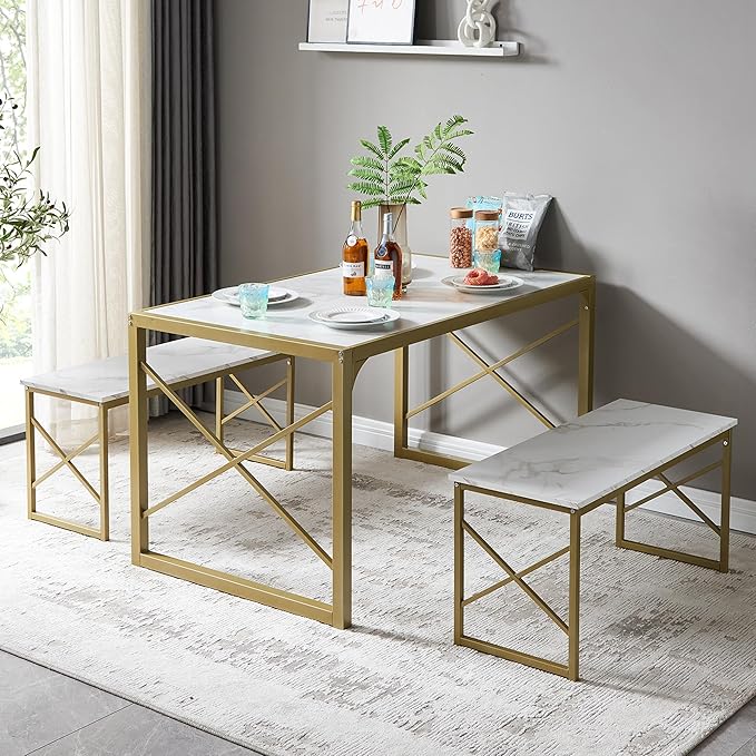 VECELO Kitchen Table with 2 Benches for 4-6,Wood Dining Room Dinette Sets with Metal Frame for Breakfast Nook and Small Space