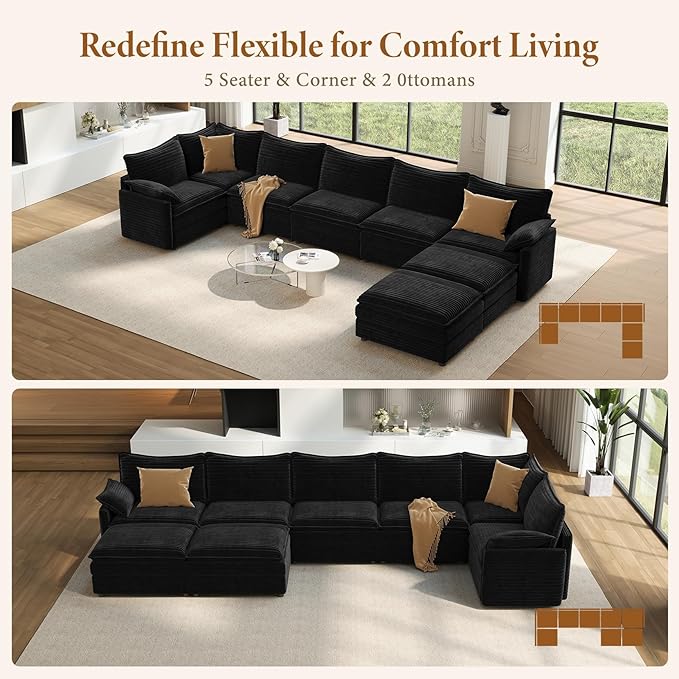 Vesgantti Large Modular Sectional Sofa, Big Comfy Cloud Couch with Ottoman Deep Seat Corduroy Cloud Sofa, 8 Seater Large Sectional Couches for Living Room, Bedroom and Apartment, Black
