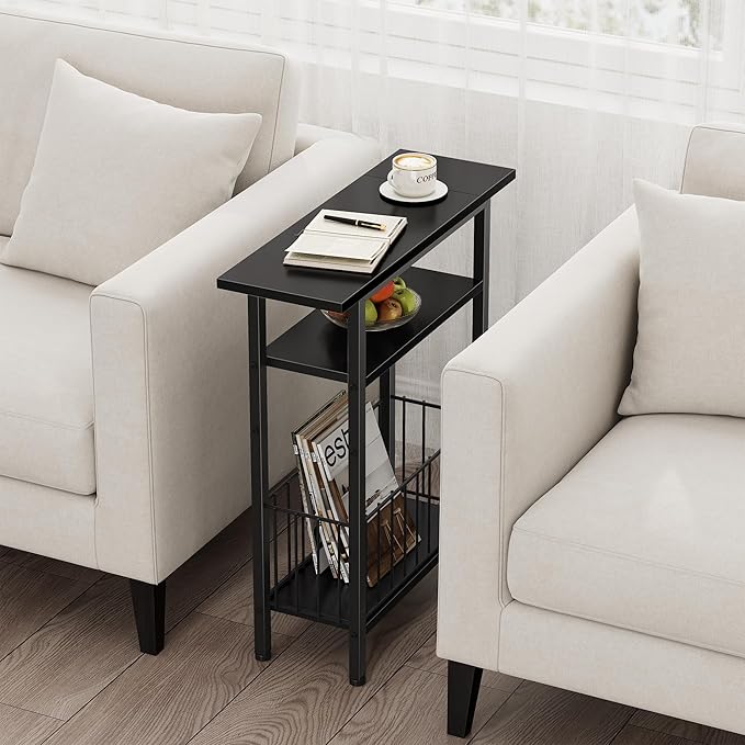 Vagusicc Narrow Side Table, 3-Tier Skinny End Table for Couch, Small side Tables for Small Spaces, Bed Side Table with Storage, 25.2" Tall Slim Nightstand Bedside table for Living Room, Bedroom, Black