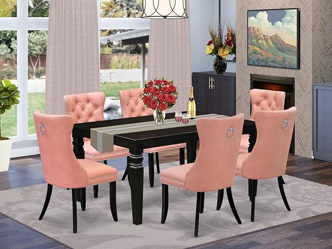 East West Furniture LGDA7-BLK-23 7 Piece Dining Table Set Contains a Rectangle Kitchen Table with Butterfly Leaf and 6 Polyester Fabric Upholstered Chairs, 42x84 Inch, Black