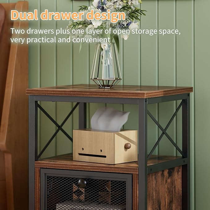VECELO End Tables Set of 2 with Storage Space,Flip Door Night Stand for Living Room,Bedroom,Small Space,Rustic Brown