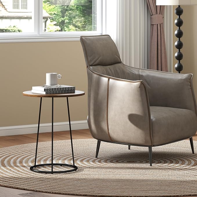 Manora Small Round Side Table, Rustic Brown Wood Accent Table with Metal Frame, Modern Farmhouse Bedside Nightstand for Bedroom and Office, Compact Furniture for Small Spaces
