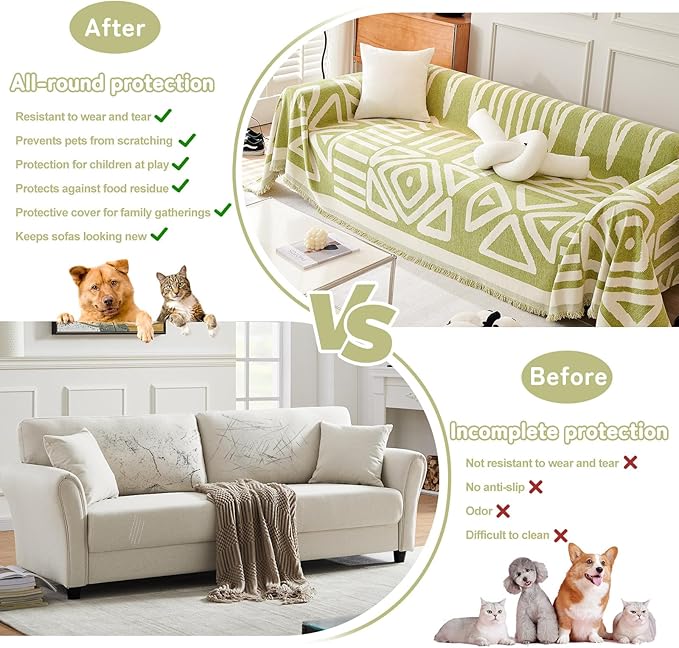 HANDONTIME Green Sofa Covers Chenille Couch Covers Universal Sofa Cover Boho Cover for Sofa 3 Seats Dogs Couch Furniture Protector Couch Cushion Covers Sectional Couch Covers for L Shaped 71" X150"