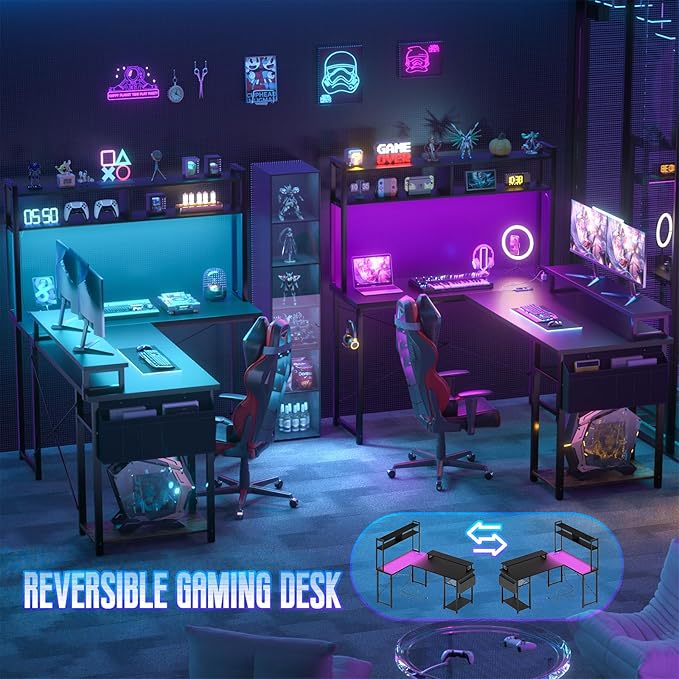 Small L Shaped Desk Gaming Desk with Power Outlets, 48" Reversible L Shaped LED Computer Desk with Monitor Stand & Storage Shelf, Corner Gamer Desk Home Office Desk with Storage Bag, Black