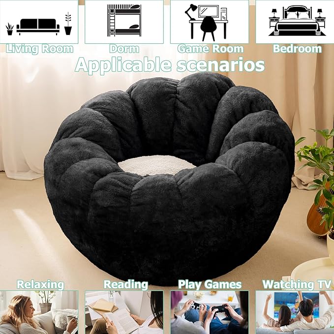 Pumpkin Bean Bag Sofa Chair for Adult, Beanbag Couch with Filler for Reading and Relaxation, Comfy and Lazy Sofa for Dorm, Apartment, Living Room and Bedroom, Black