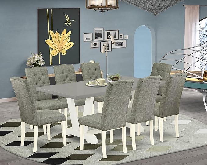 East West Furniture V097EL207-9 9 Piece Kitchen Table Set Includes a Rectangle Dining Table with V-Legs and 8 Gray Linen Fabric Parson Dining Chairs, 40x72 Inch, Multi-Color