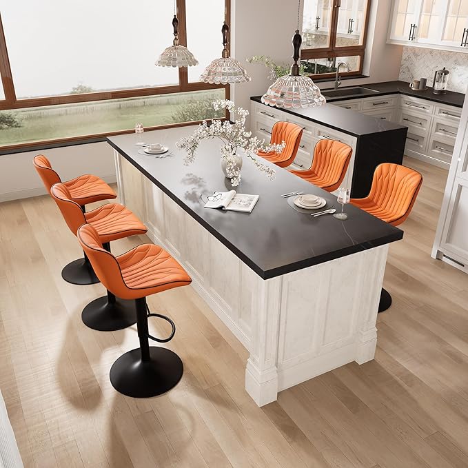 YOUNIKE Orange Bar Stools Set of 2 Faux Leather Upholstered Counter Height Barstools Swivel Modern Kitchen Bar Chairs with High Backs Adjustable Tall sillas para barra de cocina for Breakfast Island