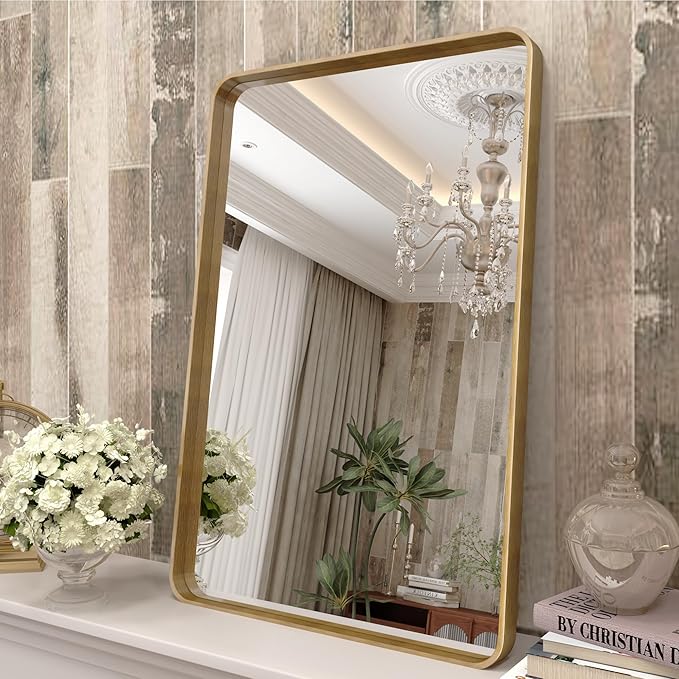 16x24 Gold Bathroom Mirror, Rounded Rectangle Gold Framed Mirror, Brushed Gold Brass Bathroom Vanity Mirror, Anti-Rust, Hangs Horizontally or Vertically