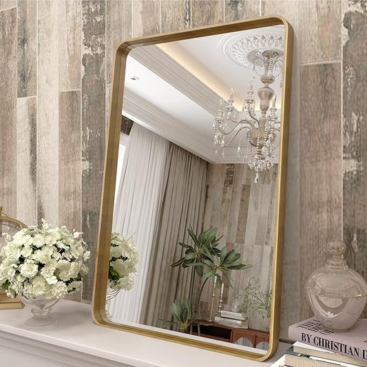 16x24 Gold Bathroom Mirror, Rounded Rectangle Gold Framed Mirror, Brushed Gold Brass Bathroom Vanity Mirror, Anti-Rust, Hangs Horizontally or Vertically