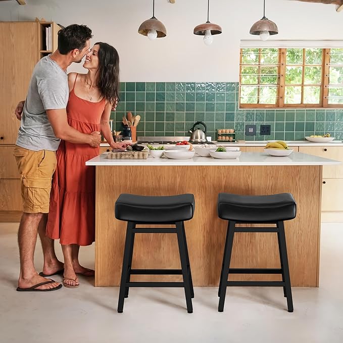Counter Height Bar Stools Set of 2, 24 Inch Backless BarStools for Kitchen Island Leather Saddle Bar Chairs Kitchen Stools with 4" Thick Seats & Heavy Duty Metal Base, Black