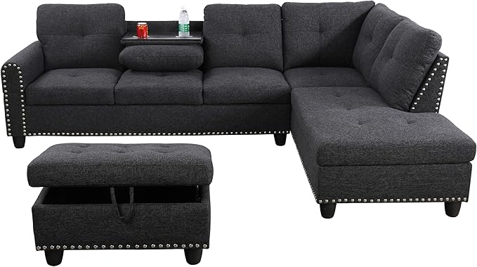 L Shaped Sectional Couch with Otttoman, 97" Sectional Sofa for Living Room Flannel Modular Couches with Cup Holders for Bedroom, Apartments, Black Grey