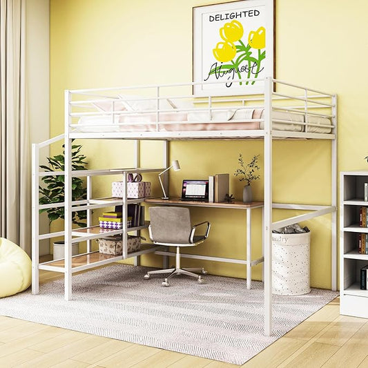 Full Size Metal Loft Bed with Desk and Lateral Storage Ladder,Modern Style Heavy-Duty Metal Frame for Kids Teens Adults Bedroom, Dorm,White