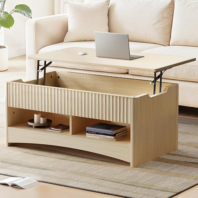 Marsail Lift Top Coffee Table with Open & Hidden Storage, Modern Fluted Coffee Table with Smooth Lift Mechanism, Sturdy Space-Saving Center Table for Home Living Room, Office, Natural Oak