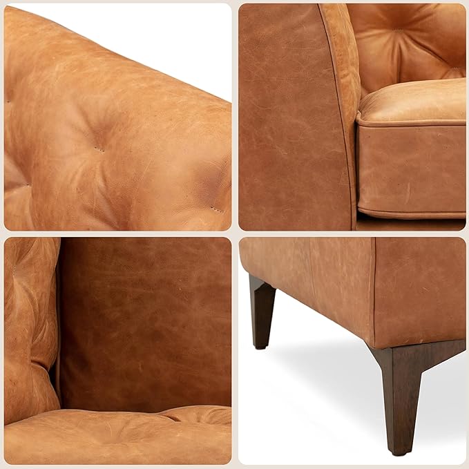 Poly & Bark Essex Lounge Chair - Leather Chair with Tufted Back - Full-Grain Living Room Armchair with Feather-Down Topper - Vintage Italian Leather in Cognac Tan - Set of 2