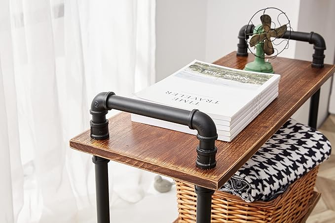 Industrial Bookshelf, 3 Tier Pipe Shelving, Industrial Pipe Shelf - Rustic Brown, 29.5" L x 11.8" W x 39" H