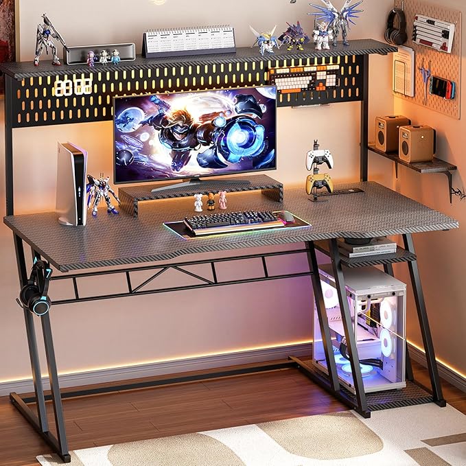 Armocity Gaming Computer Desk with Hutch and LED Lights, 53'' Black Gaming Desk with Storage Shelves, Reversible PC Gamer Desks with Pegboard, Ergonomic Desk for Bedroom, Carbon Fiber Surface