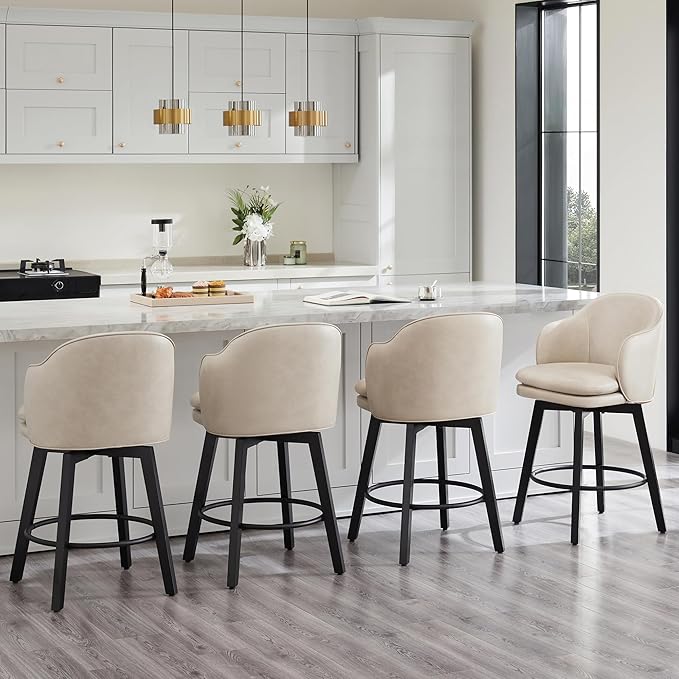 Counter Height Barstools 26 inch Upholstered Swivel Bar Stools with Back and Wood Legs for Kitchen Island,Set of 4,Beige PU Leather