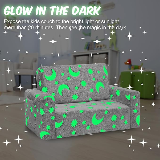 SLIGUY Kids Chair, Toddler Couch, Fold Out Sofa Chair, Toddlers Convertible Sofa to Lounger Pull Out Couch, Glow in The Dark Sofa Chair for Boys and Girls Large (Grey)